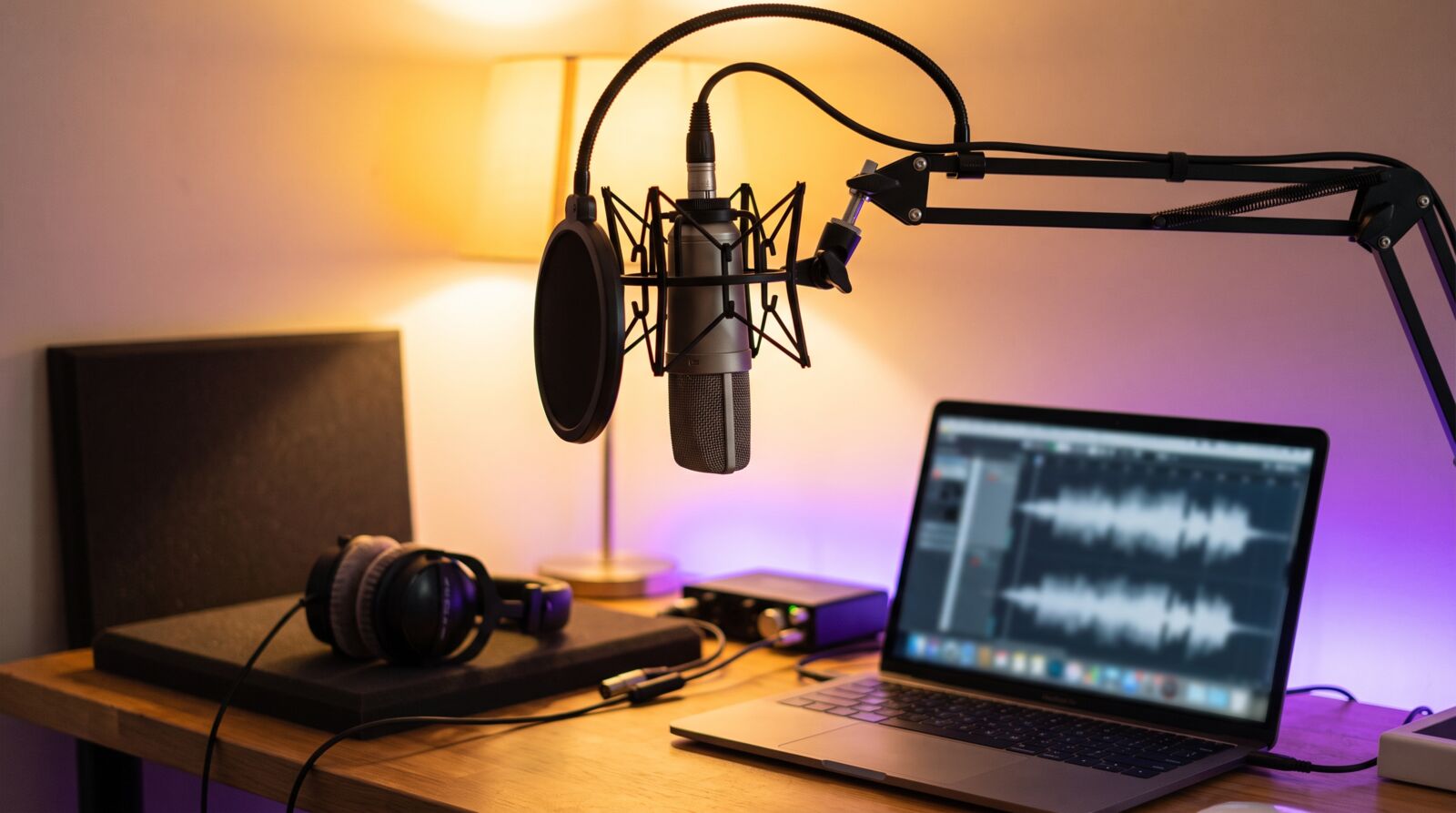 Microphone and audio software on a studio desk